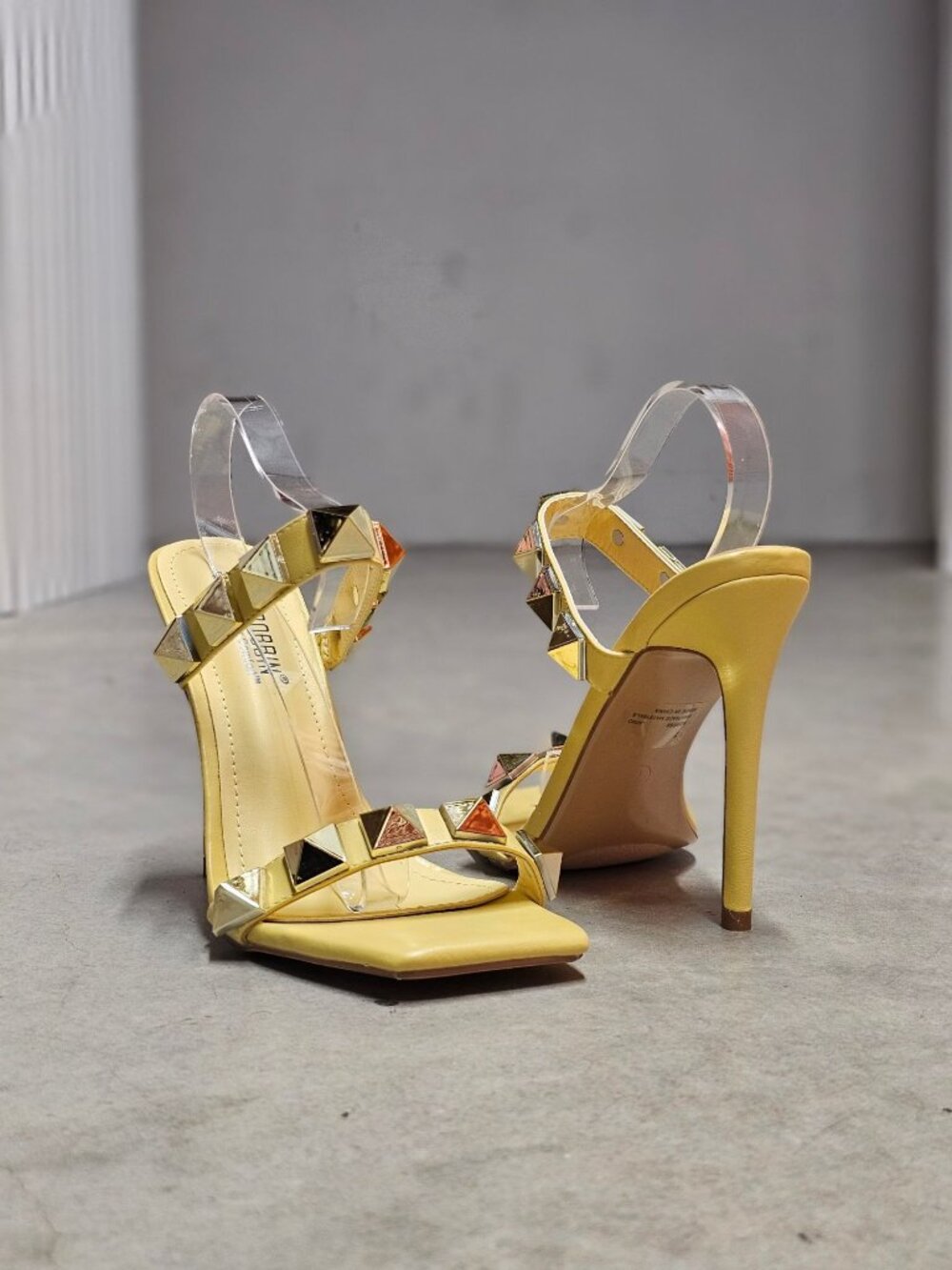 Yellow Studded High Heel Sandals With Straps & Square Toe Design For Women